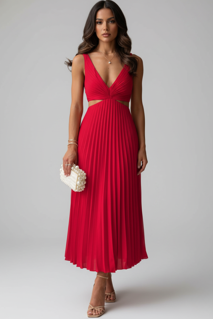 Women’s Dress with V-Neck and Pleated Skirt