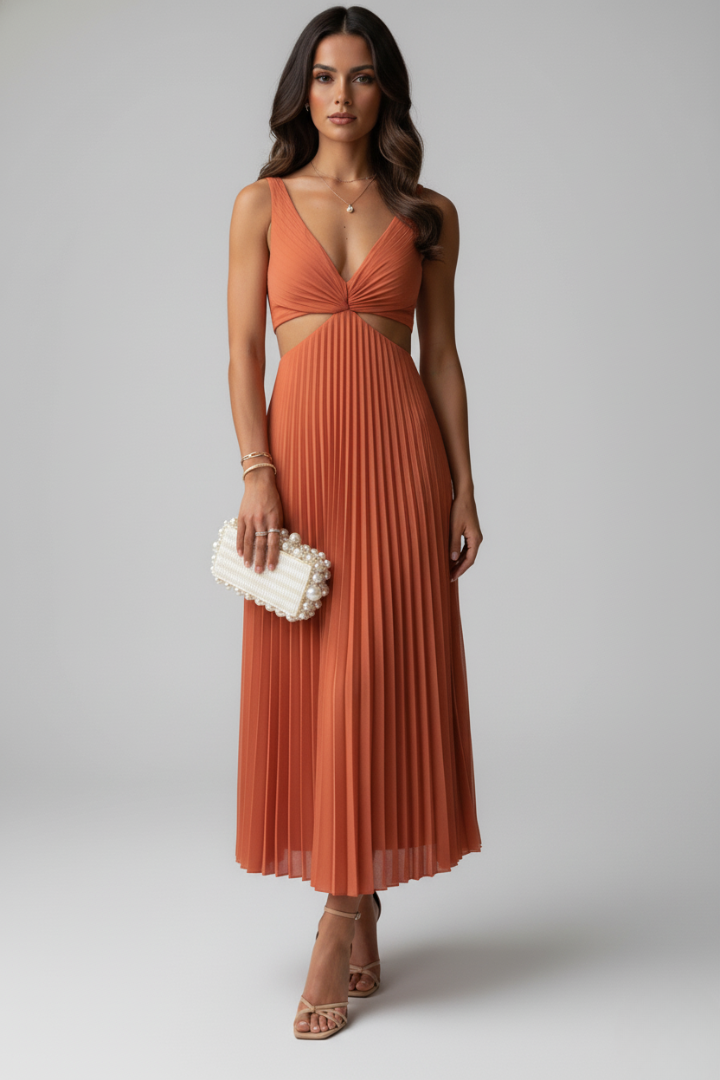 Women’s Dress with V-Neck and Pleated Skirt