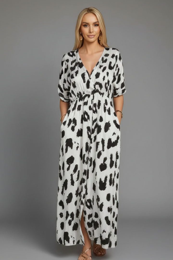 Women’s Dress with V-Neck and Printed Surface