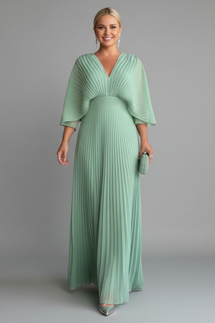 Women’s Dress with V-Neckline and Pleated Maxi Skirt