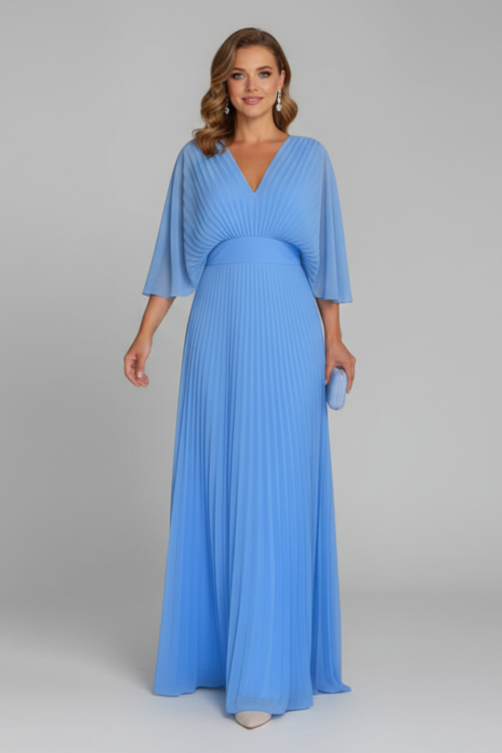Women’s Dress with V-Neckline and Pleated Maxi Skirt