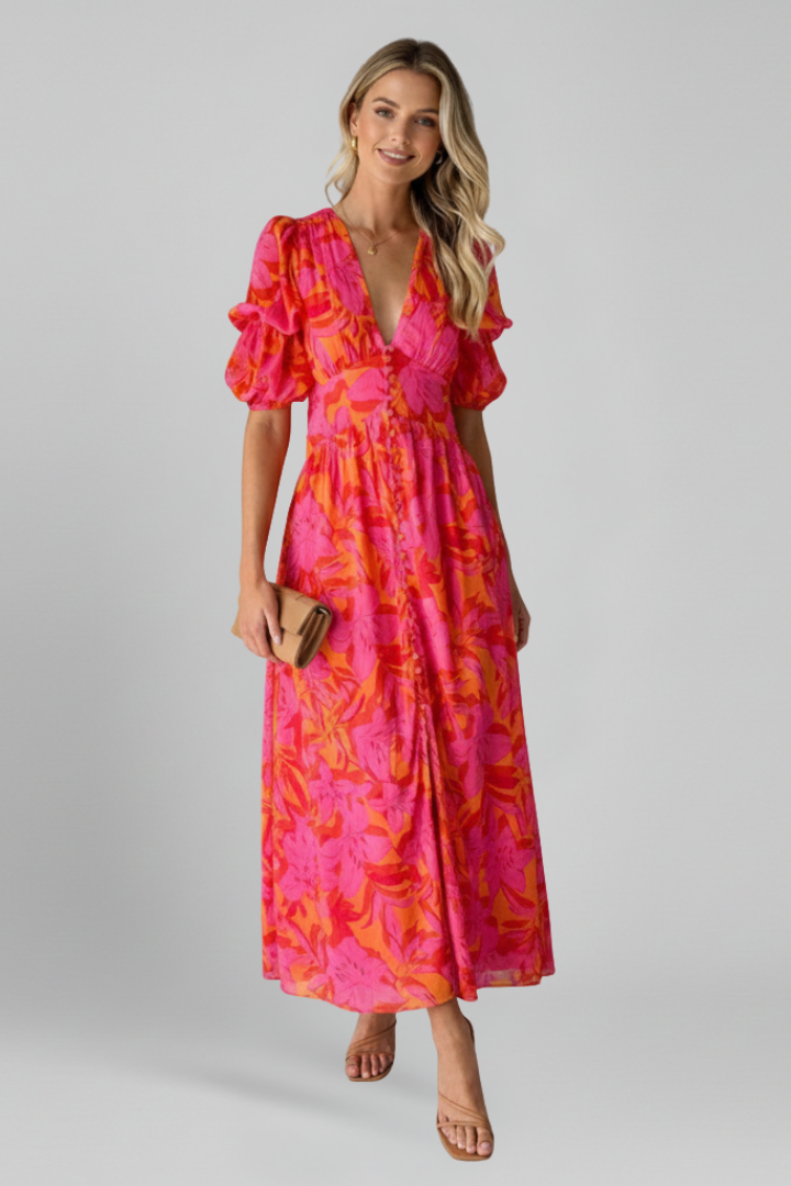 Women’s Dress with V Neck and Puff Sleeves