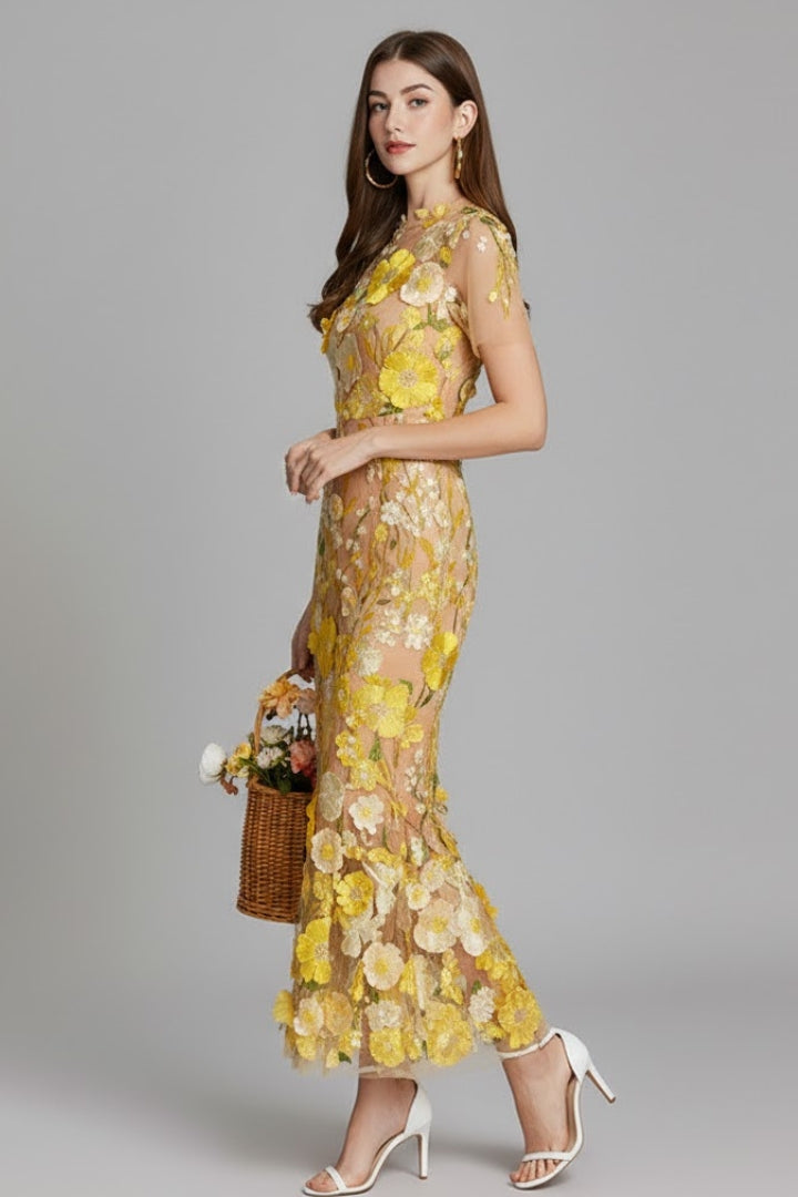 Women’s Embroidered Maxi Dress with Sheer Sleeves