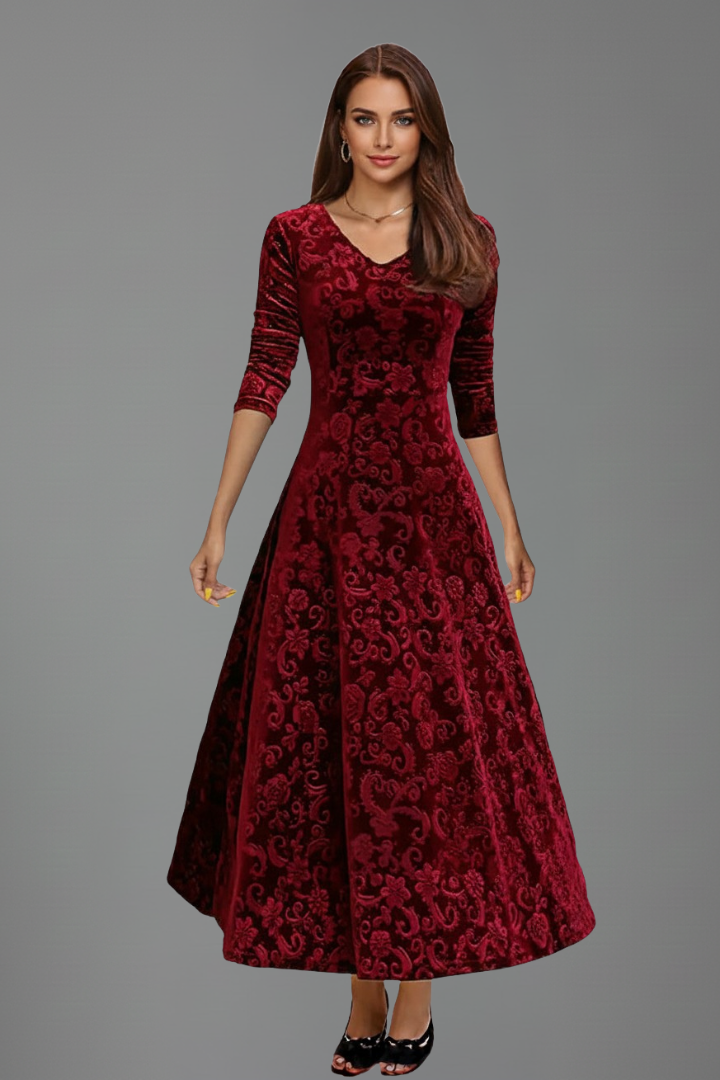 Women’s Flared Dress with Long Sleeves and Textured Surface