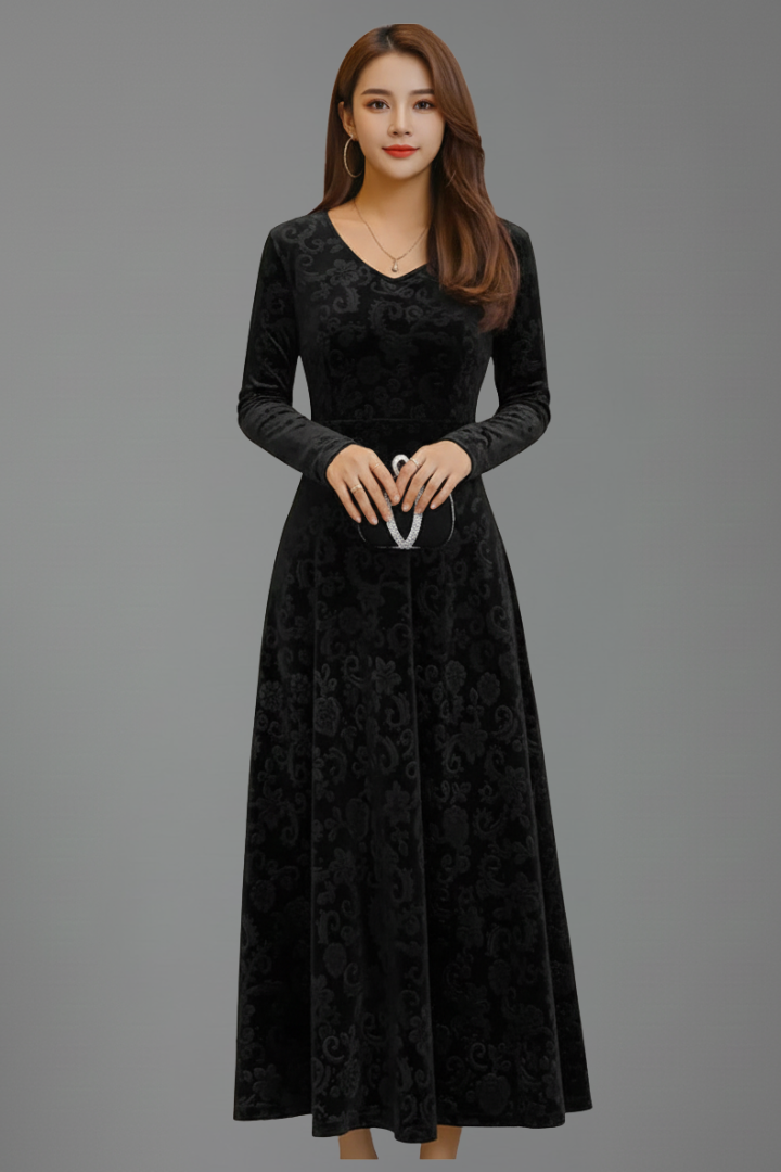 Women’s Flared Dress with Long Sleeves and Textured Surface