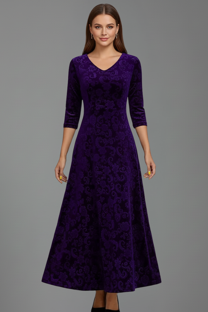 Women’s Flared Dress with Long Sleeves and Textured Surface