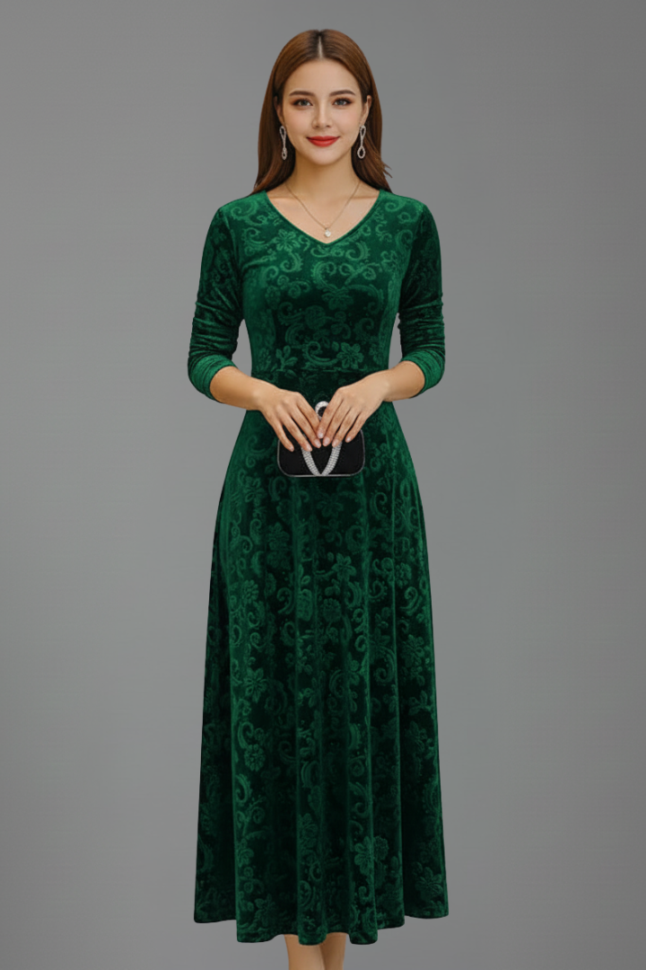 Women’s Flared Dress with Long Sleeves and Textured Surface