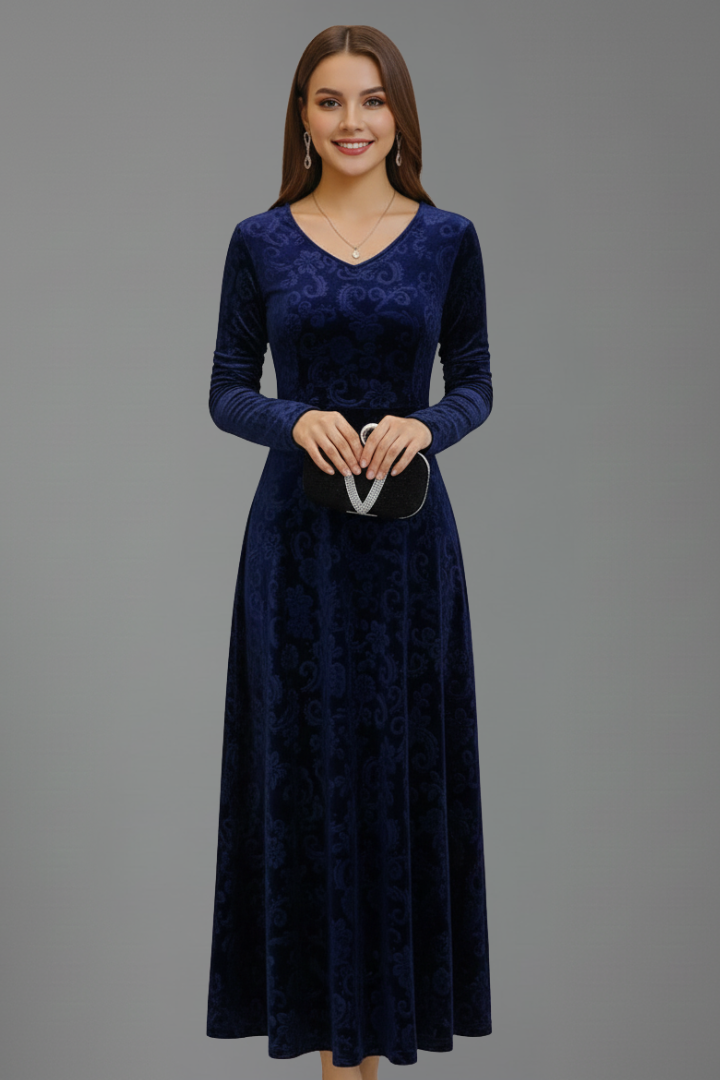 Women’s Flared Dress with Long Sleeves and Textured Surface