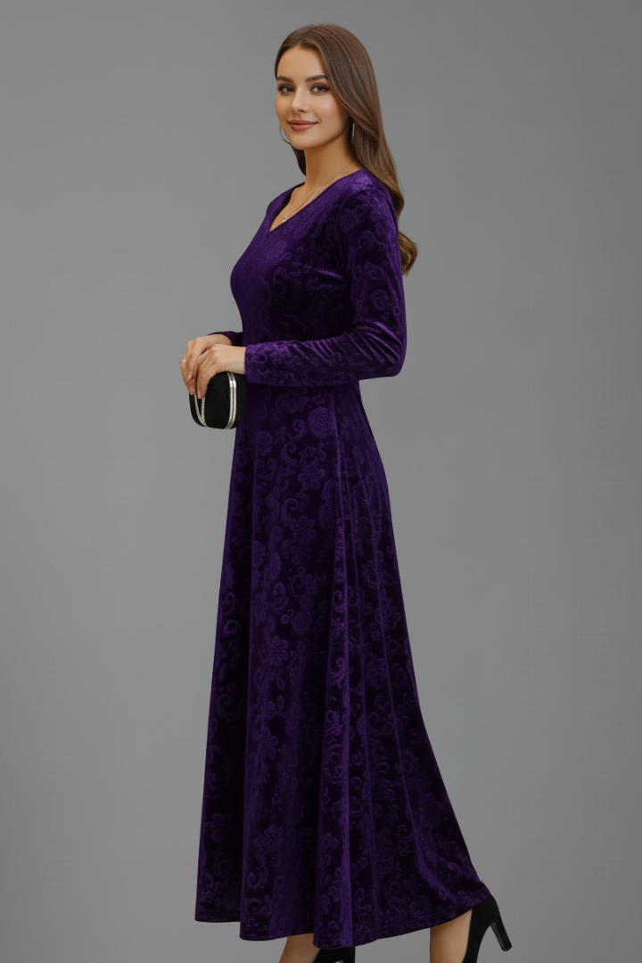 Women’s Flared Dress with Long Sleeves and Textured Surface