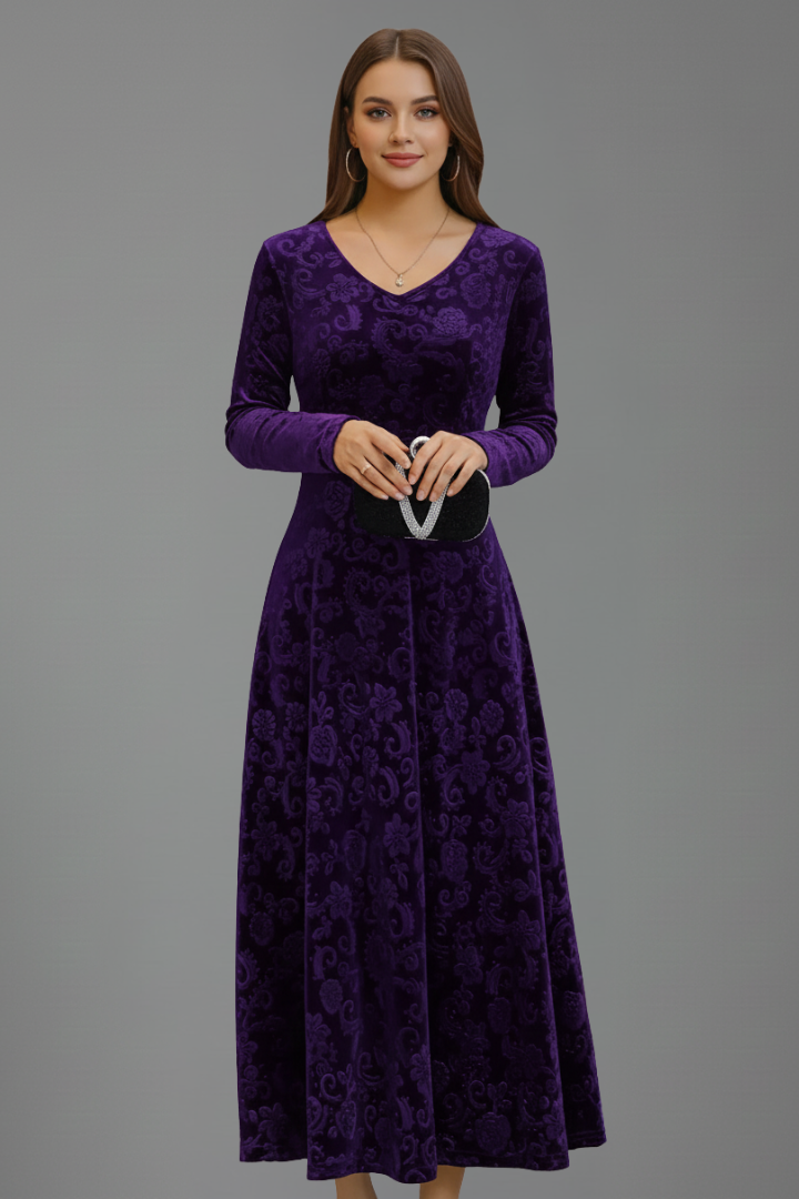 Women’s Flared Dress with Long Sleeves and Textured Surface