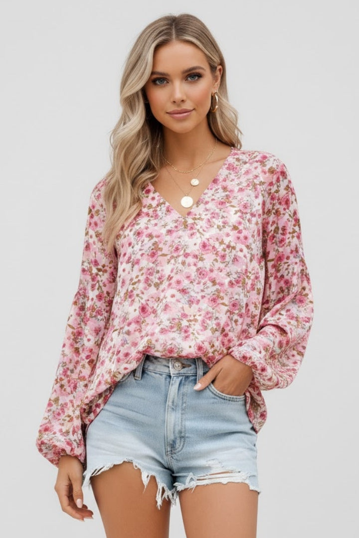 Women’s Floral Blouse with V Neck and Relaxed Fit