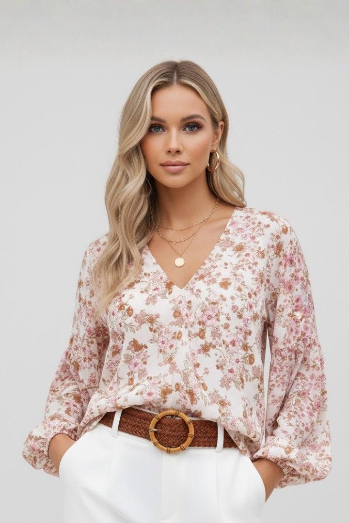 Women’s Floral Blouse with V Neck and Relaxed Fit
