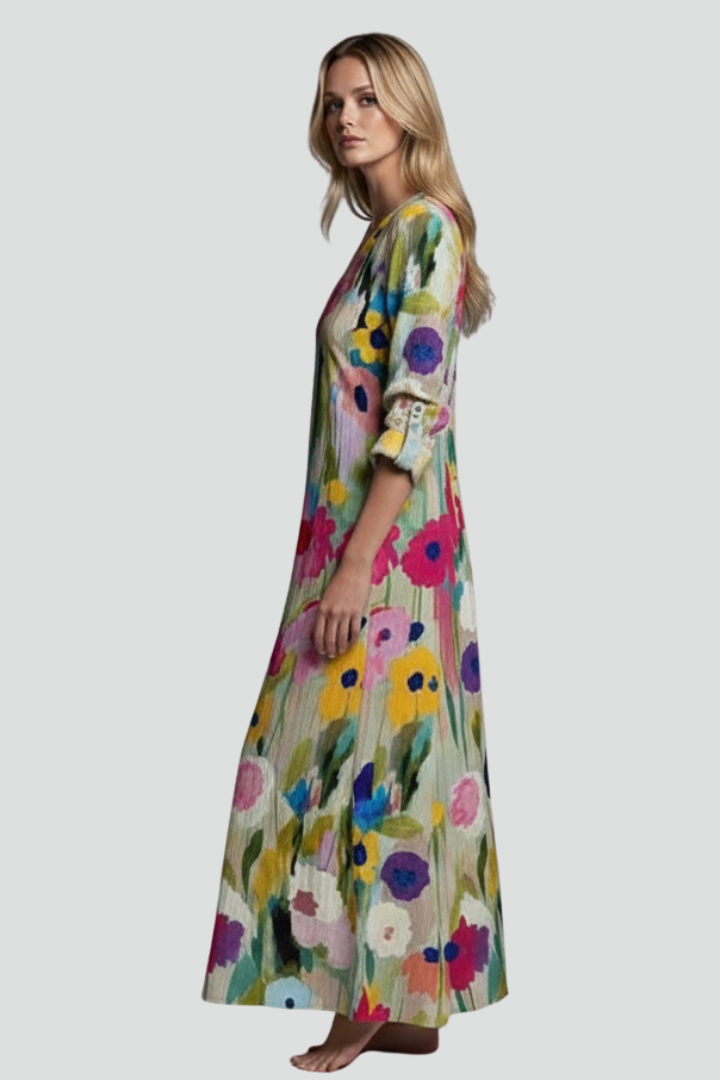 Women’s Floral Maxi Dress with Long Sleeves and V-Neck