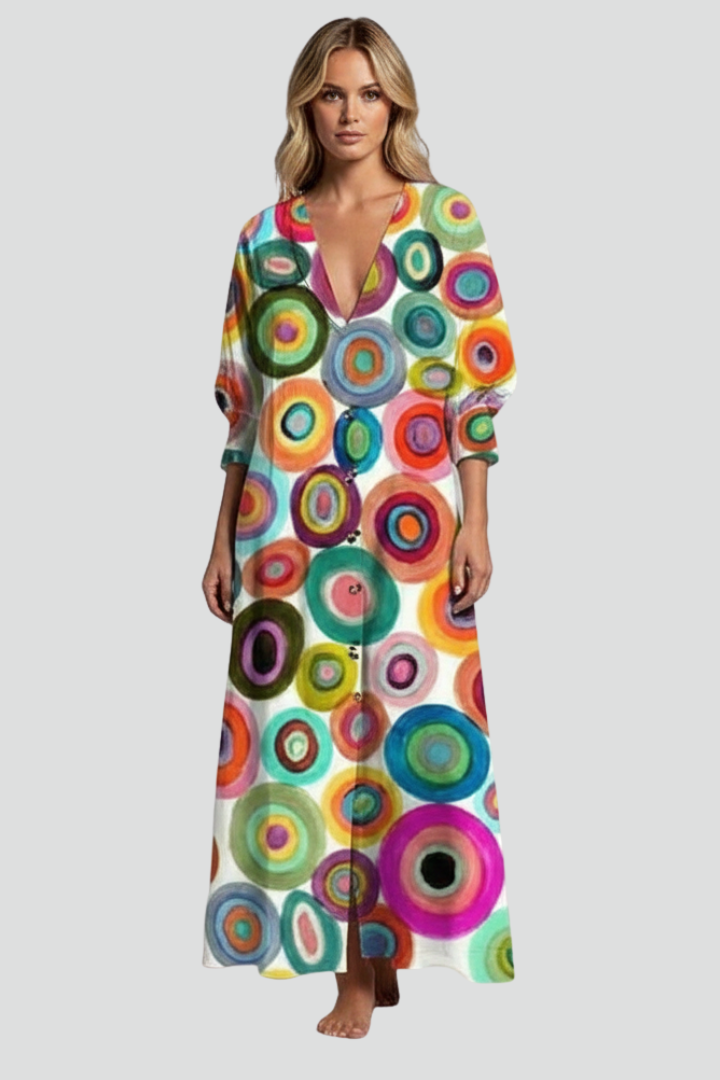 Women’s Floral Maxi Dress with Long Sleeves and V-Neck