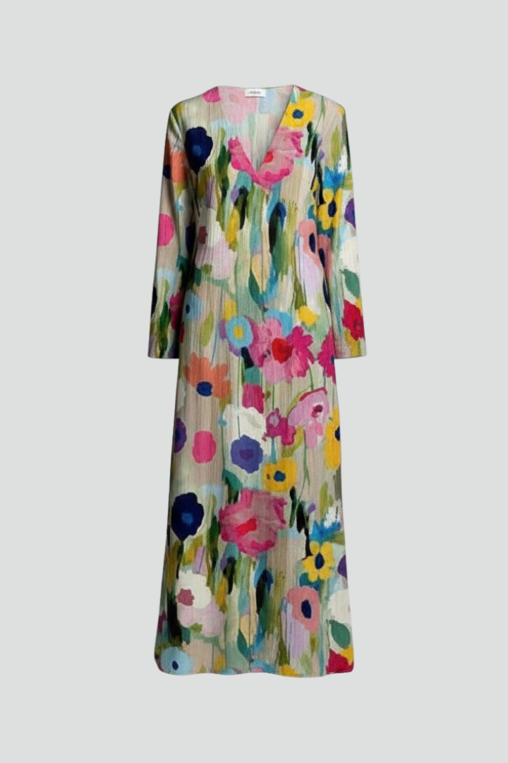 Women’s Floral Maxi Dress with Long Sleeves and V-Neck