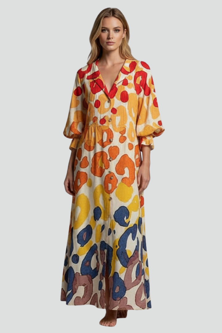 Women’s Floral Maxi Dress with Long Sleeves and V-Neck