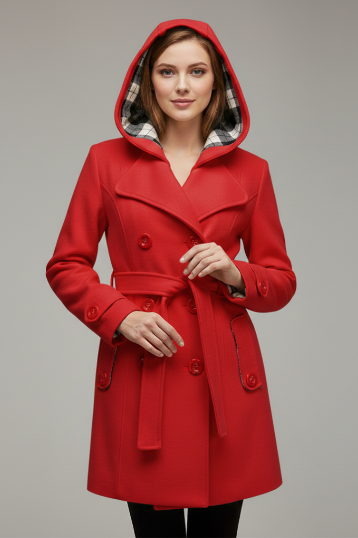 Women's Hooded Coat with Belt and Button Closure