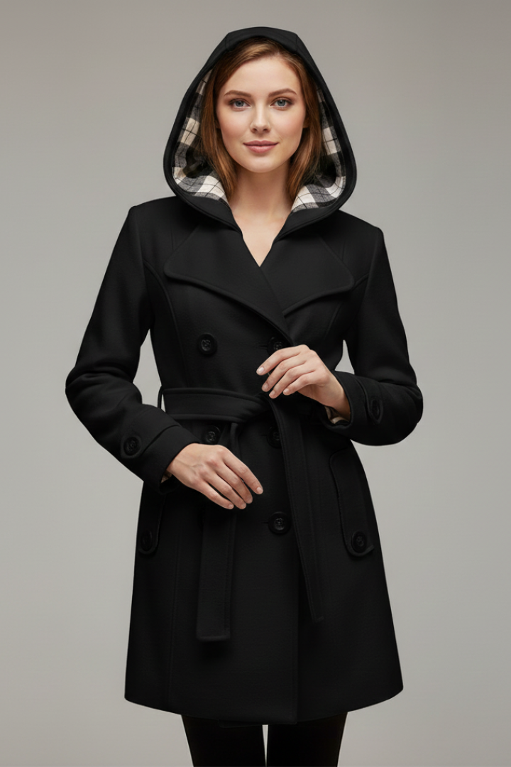 Women's Hooded Coat with Belt and Button Closure