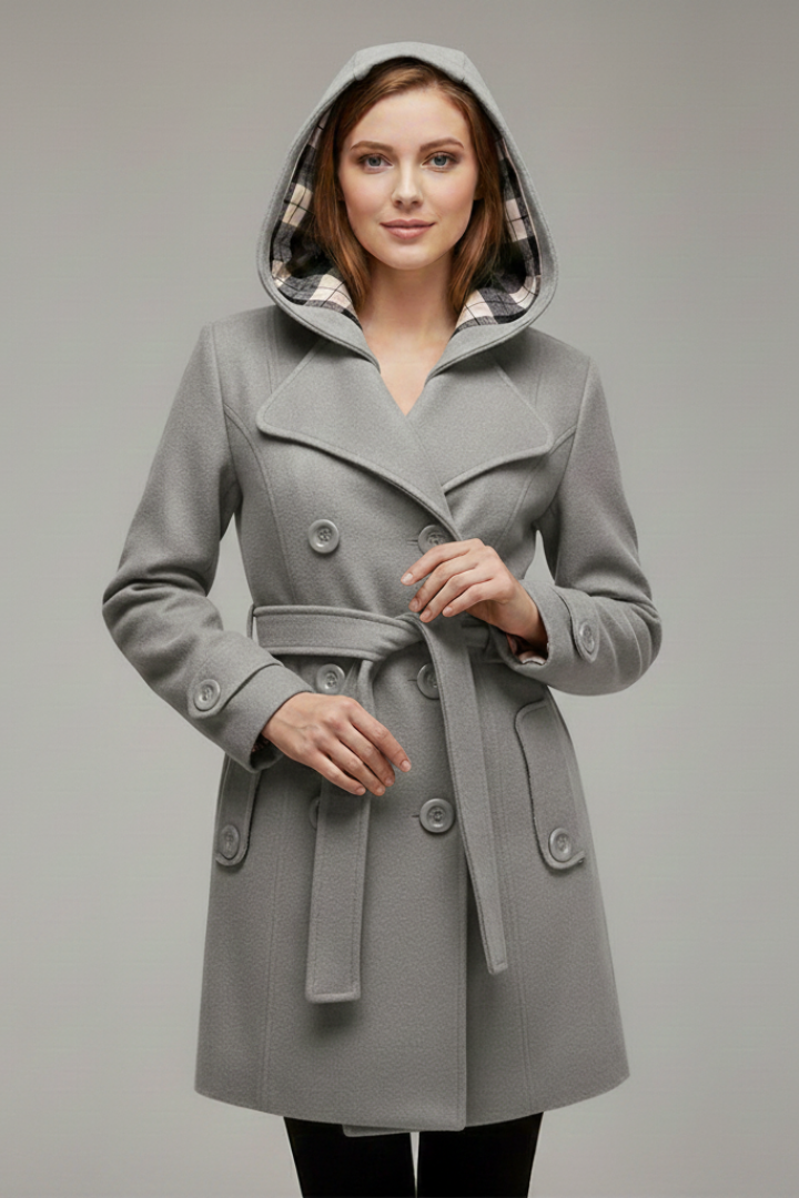 Women's Hooded Coat with Belt and Button Closure