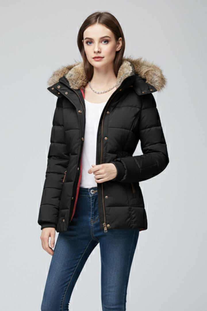 Women’s Hooded Jacket with Fur Trim and Padded Panels