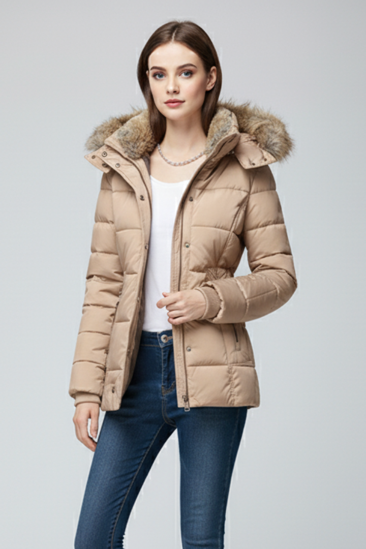 Women’s Hooded Jacket with Fur Trim and Padded Panels