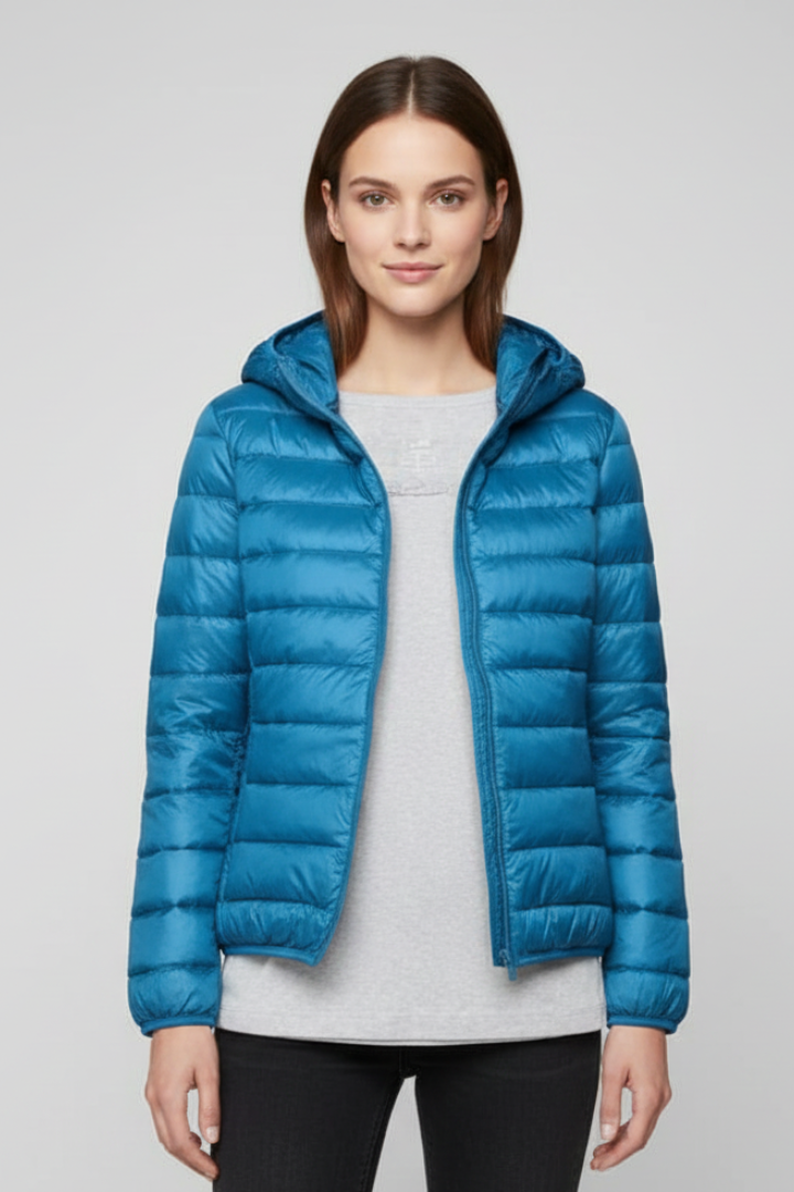 Women’s Hooded Jacket with Zip Fastening and Quilted Surface