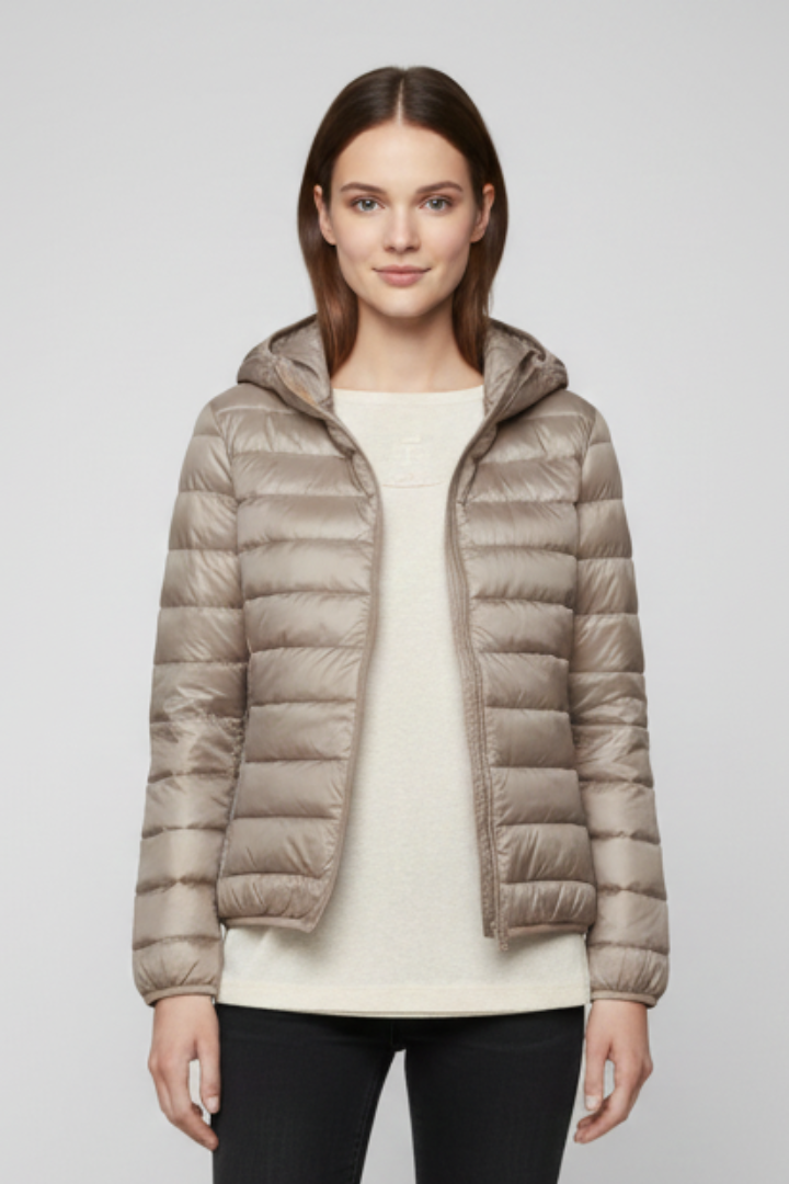 Women’s Hooded Jacket with Zip Fastening and Quilted Surface