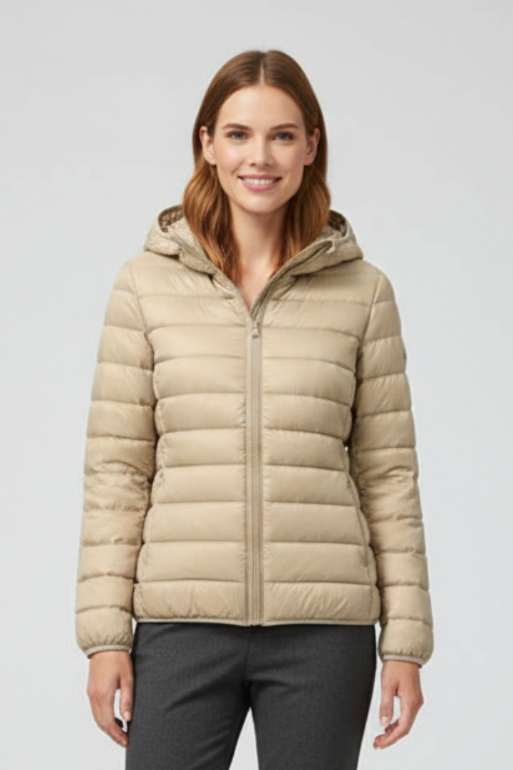 Women’s Hooded Jacket with Zip Fastening and Quilted Surface