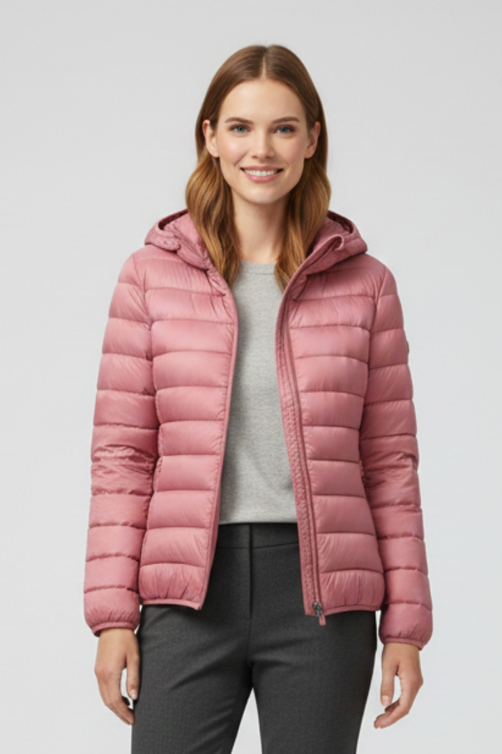 Women’s Hooded Jacket with Zip Fastening and Quilted Surface