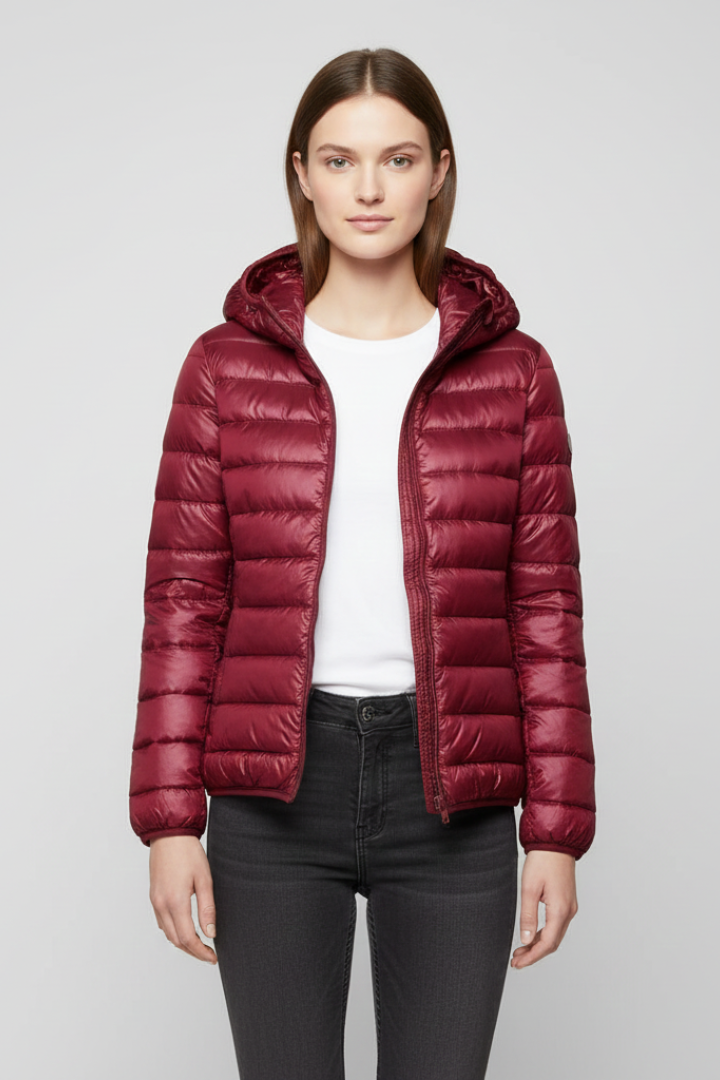 Women’s Hooded Jacket with Zip Fastening and Quilted Surface