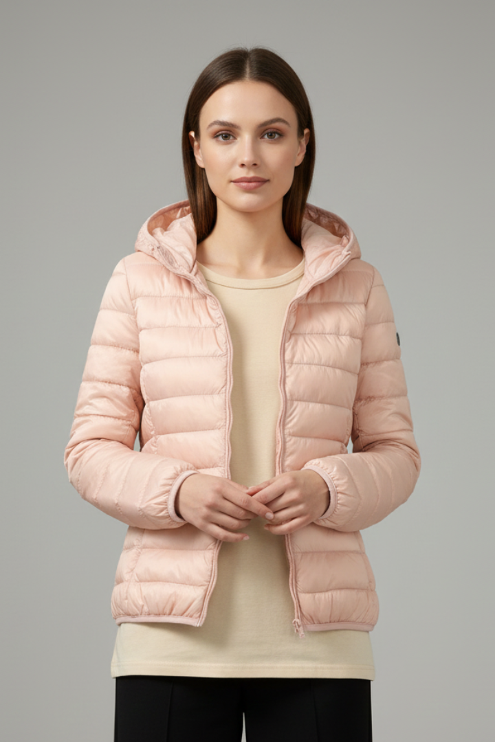 Women’s Hooded Jacket with Zip Fastening and Quilted Surface