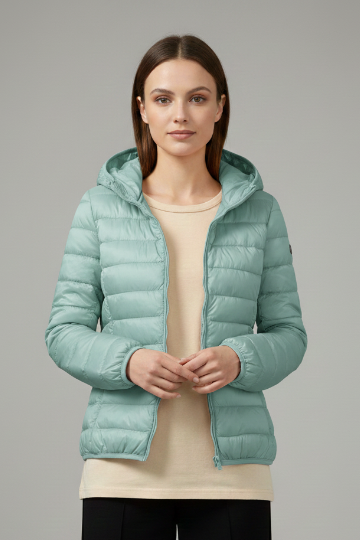 Women’s Hooded Jacket with Zip Fastening and Quilted Surface