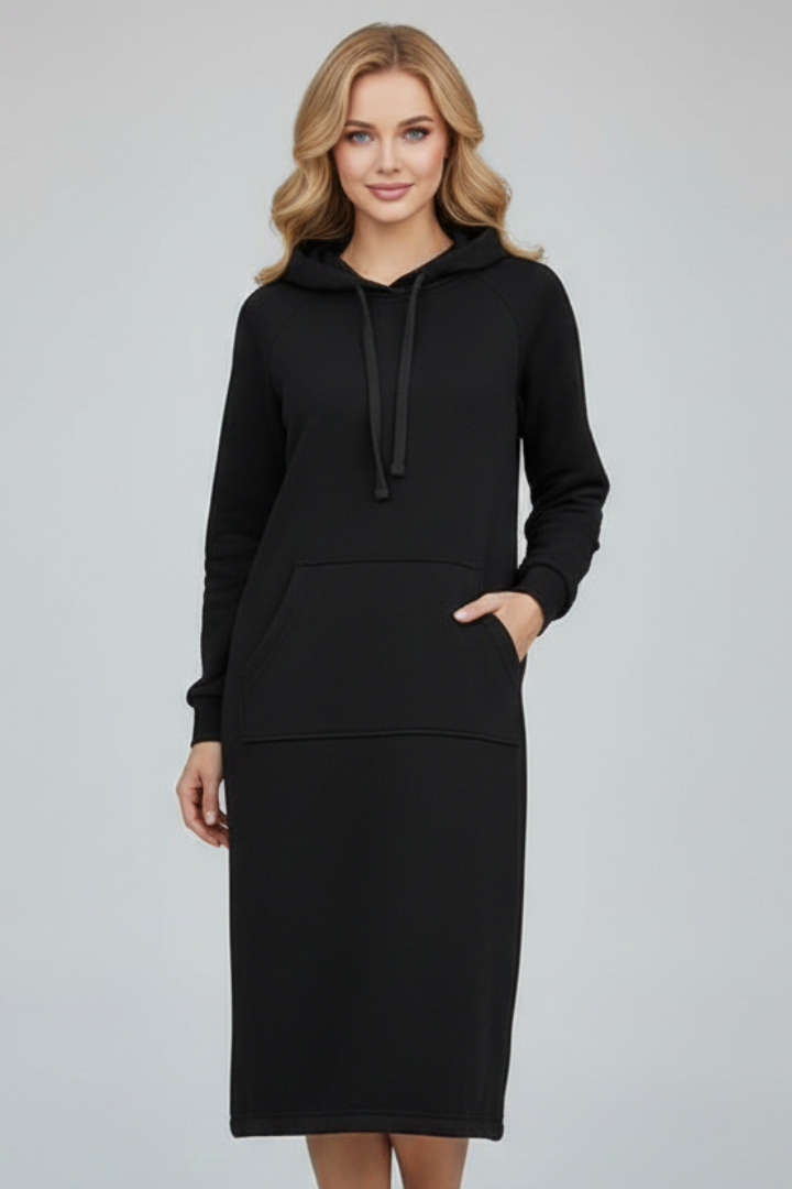 Women’s Hoodie Dress with Drawstring Hem and Kangaroo Pocket