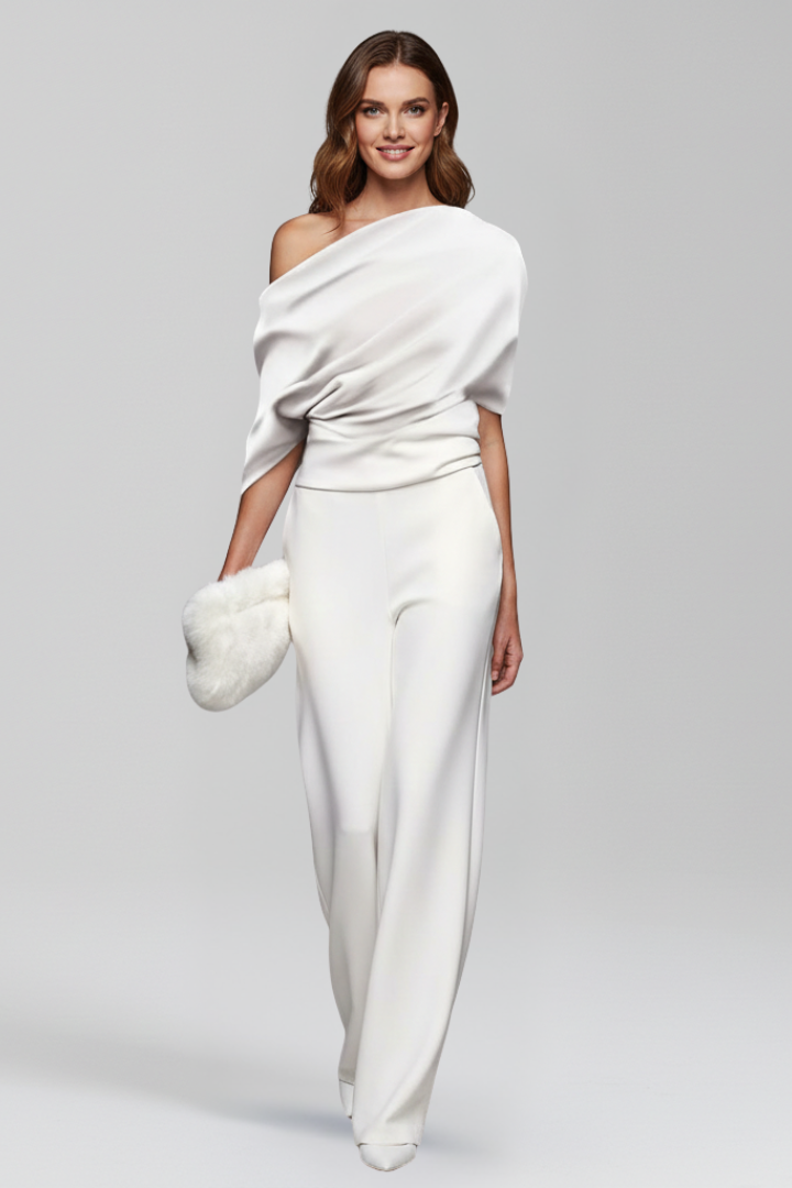 Women’s Jumpsuit with Asymmetric Neckline and Long Sleeves