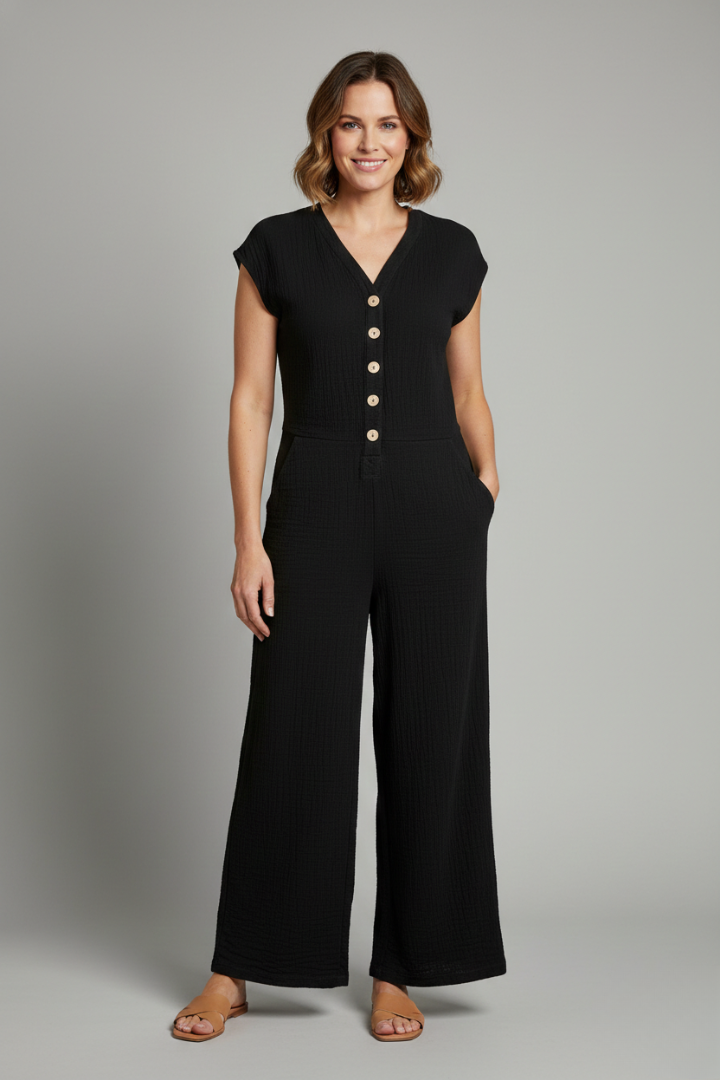Women’s Jumpsuit with Button Placket and Wide Legs