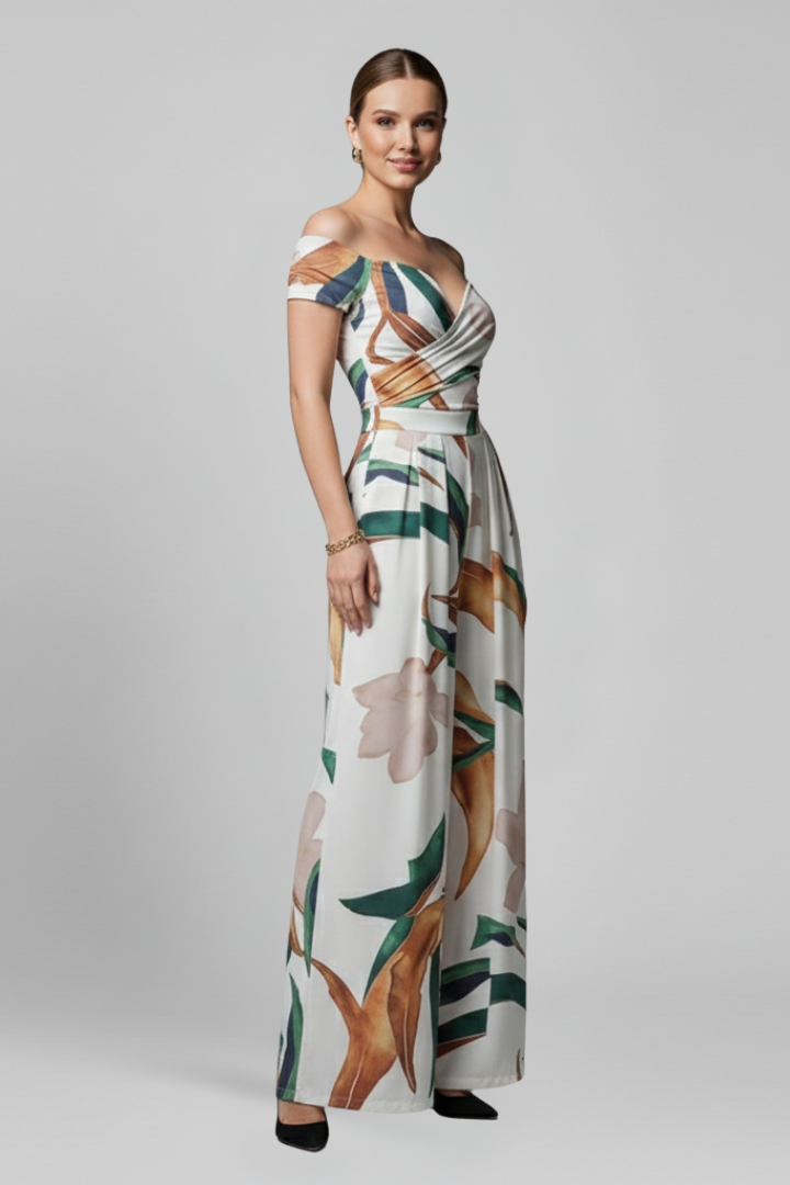 Women’s Jumpsuit with Off-Shoulder Neckline and Printed Surface