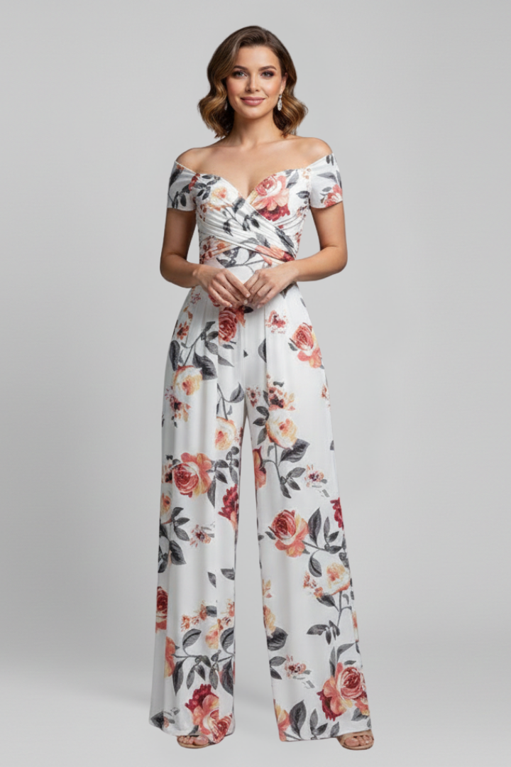 Women’s Jumpsuit with Off-Shoulder Neckline and Printed Surface