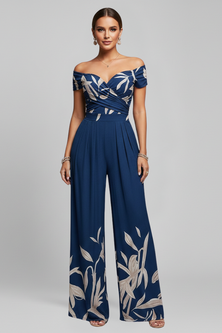 Women’s Jumpsuit with Off-Shoulder Neckline and Printed Surface
