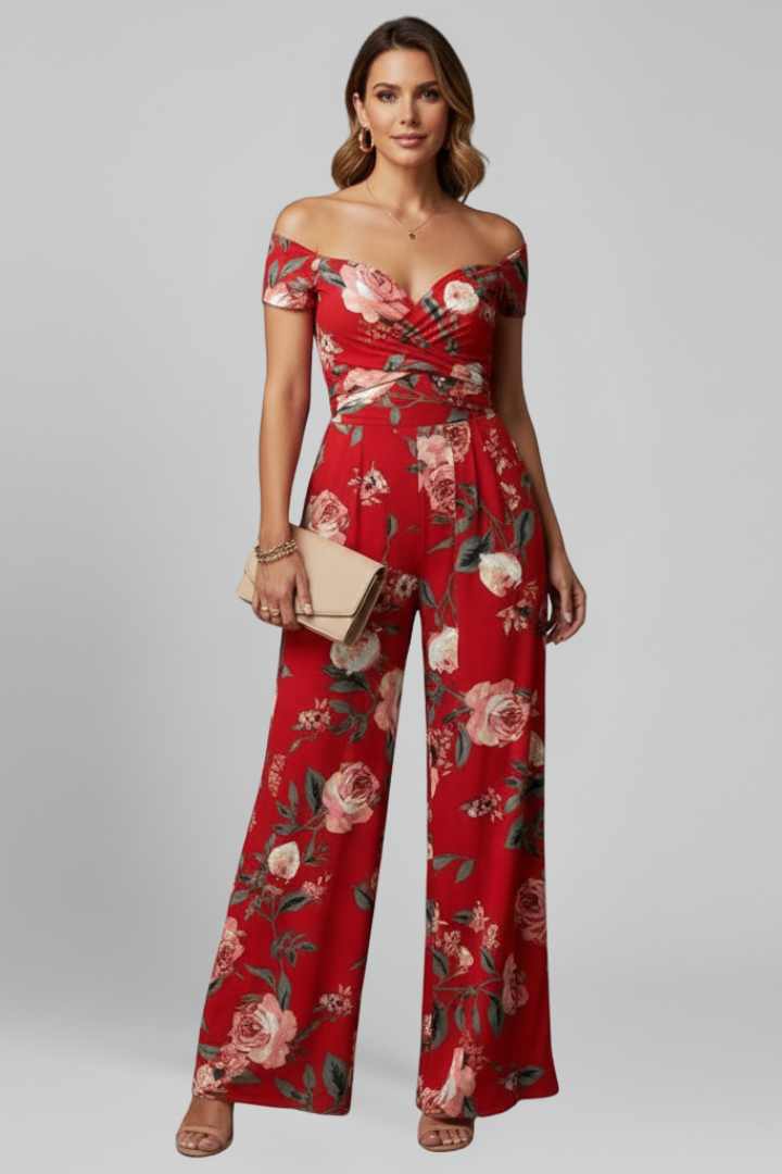 Women’s Jumpsuit with Off-Shoulder Neckline and Printed Surface