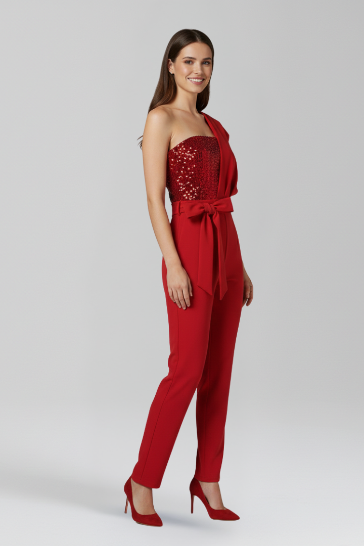 Women’s Jumpsuit with One-Shoulder Neckline and Tied Waist