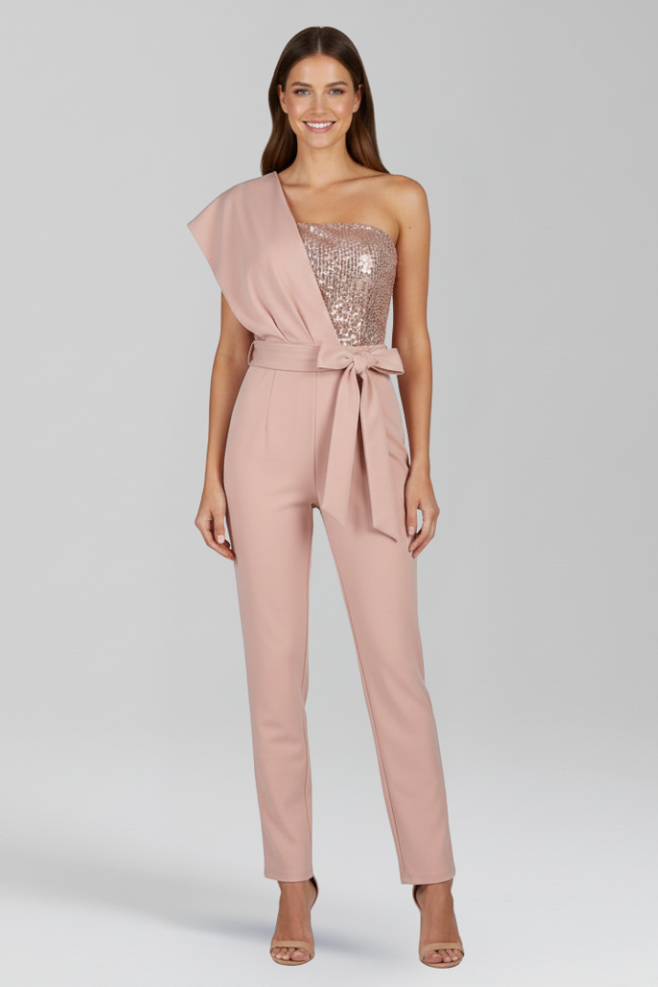 Women’s Jumpsuit with One-Shoulder Neckline and Tied Waist
