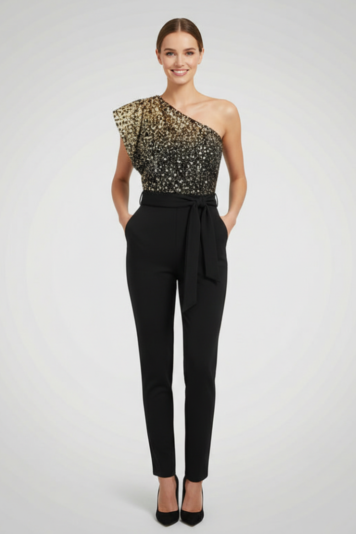 Women’s Jumpsuit with One-Shoulder Neckline and Tied Waist