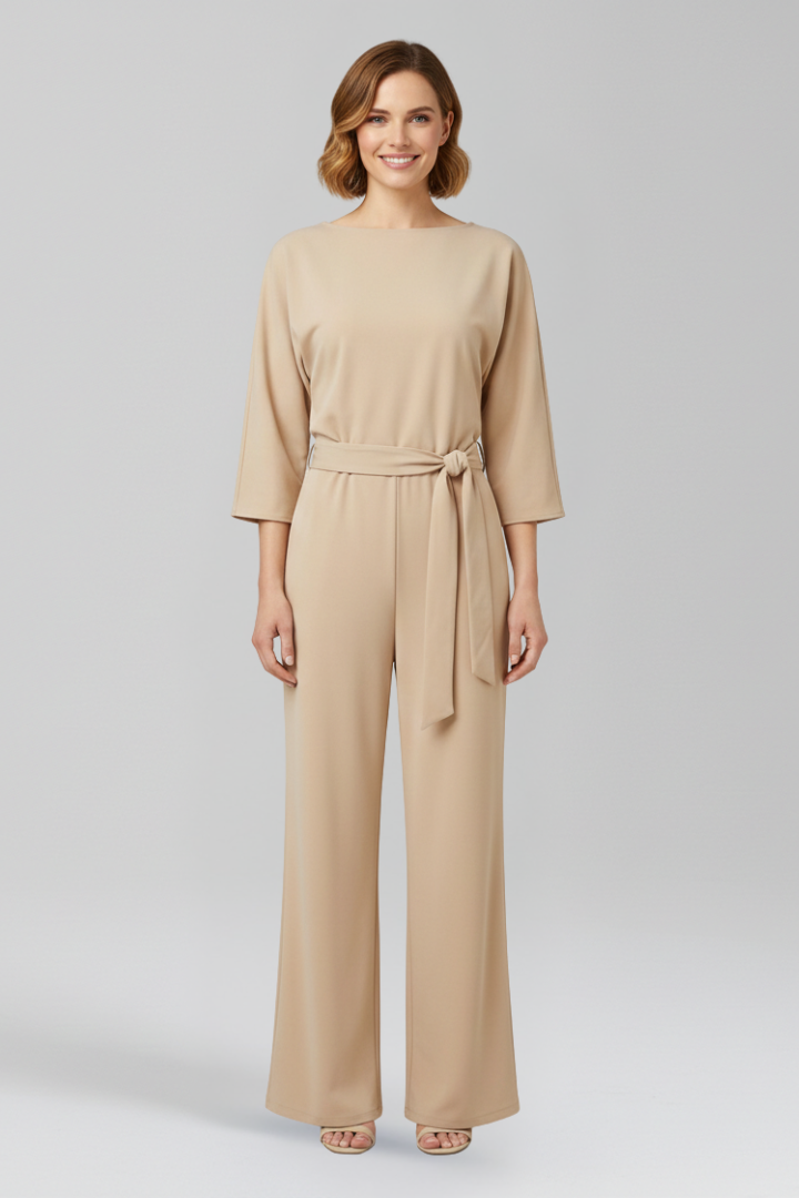 Women’s Jumpsuit with Round Neck and Waist Belt