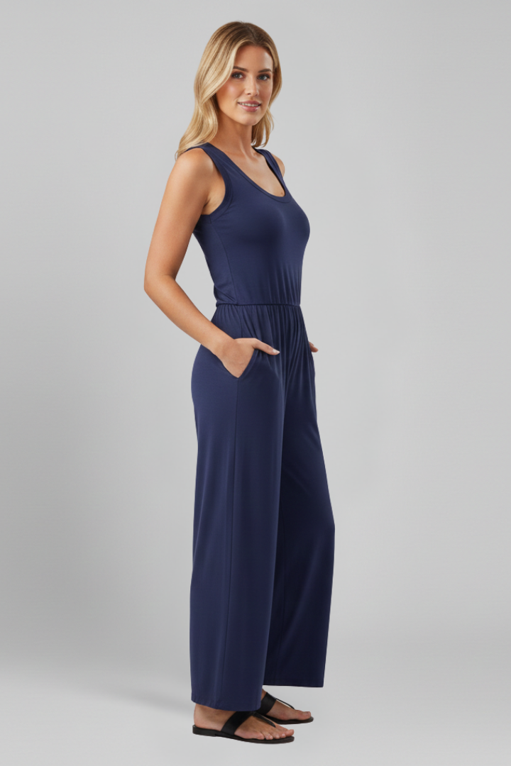 Women’s Jumpsuit with Round Neckline and Elastic Waist