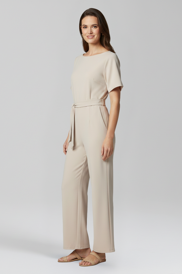 Women’s Jumpsuit with Round Neckline and Waist Tie