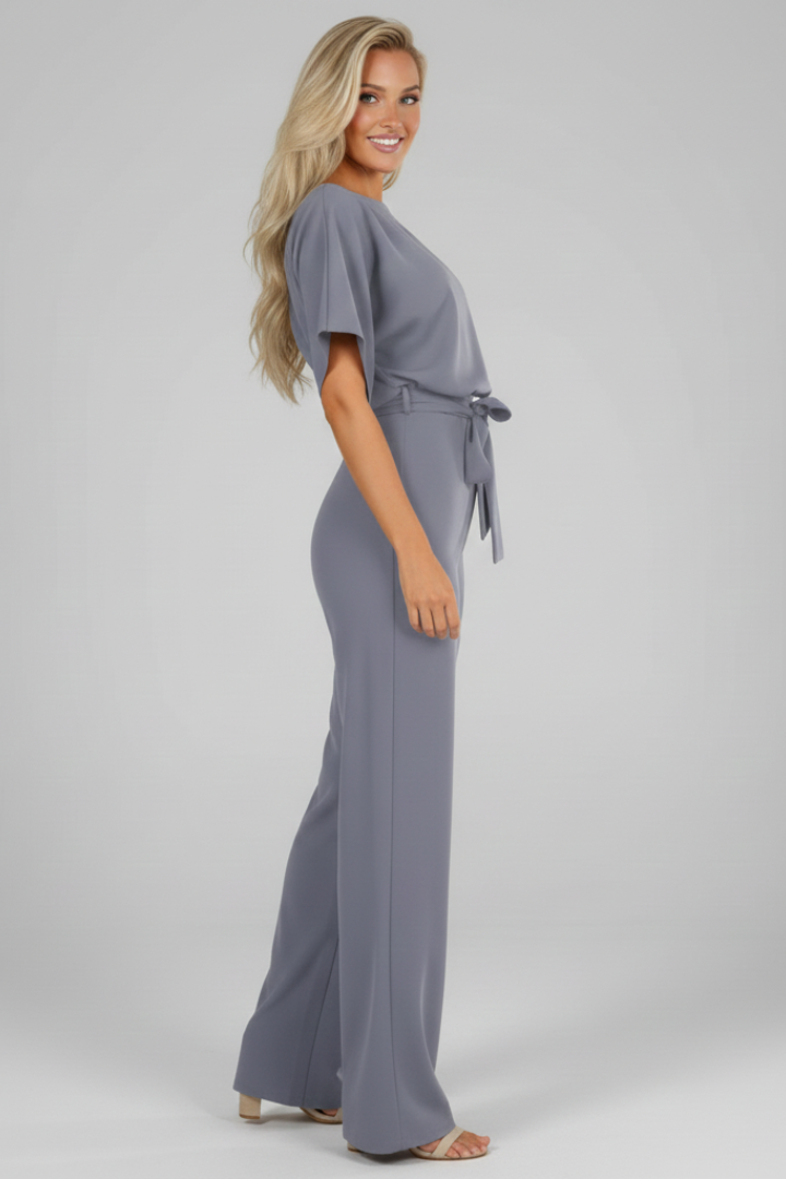 Women’s Jumpsuit with Short Sleeves and Waist Tie