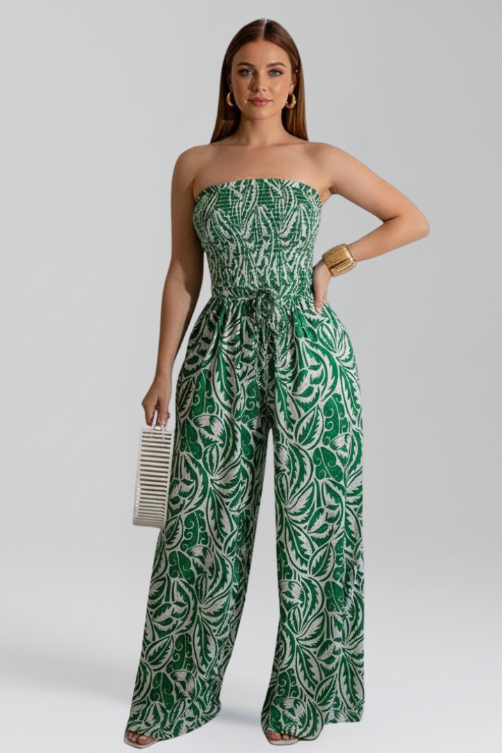 Women’s Jumpsuit with Strapless Neckline and Printed Surface