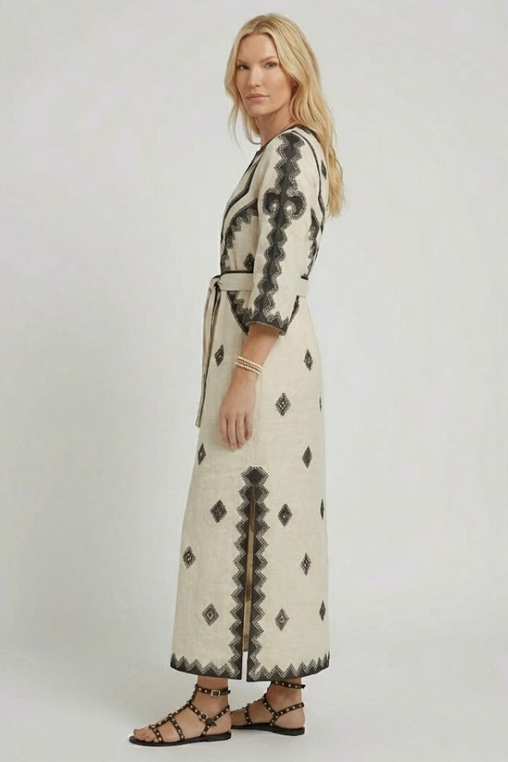 Women’s Kaftan Dress with Embroidery and Adjustable Waist
