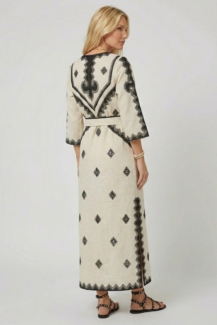 Women’s Kaftan Dress with Embroidery and Adjustable Waist