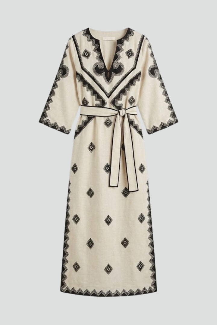 Women’s Kaftan Dress with Embroidery and Adjustable Waist